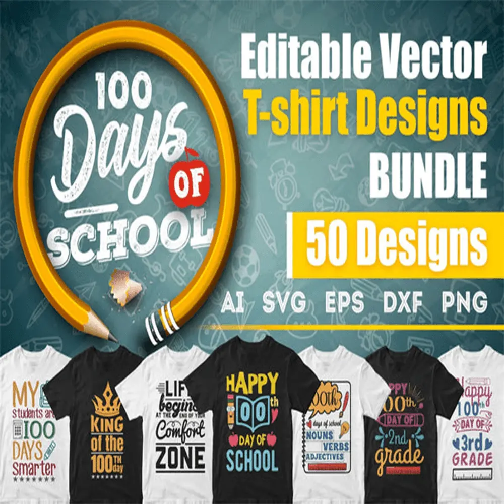 100 Days of School 50 Editable T-shirt Designs