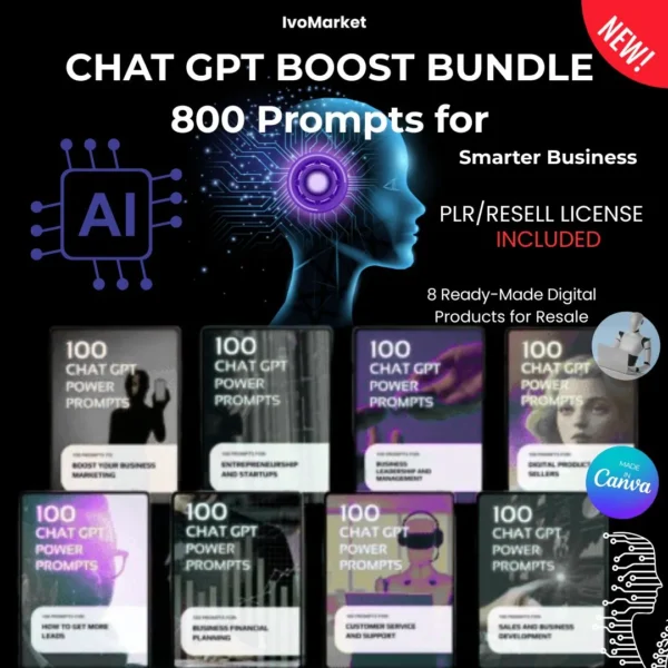 800 ChatGPT Power Prompts PLR eBook Bundle (Editable Canva)